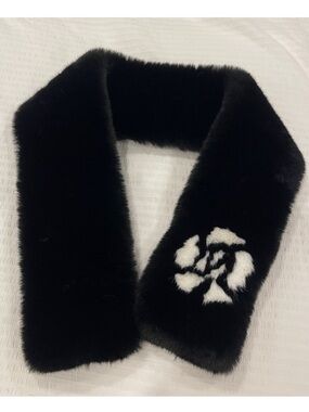 Black Faux Fur Scarf with White Floral Accent - Women Accessories